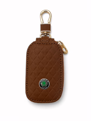 Kožený elegantný obal pre kľúče s logom Škoda Brown light (verzia 3)